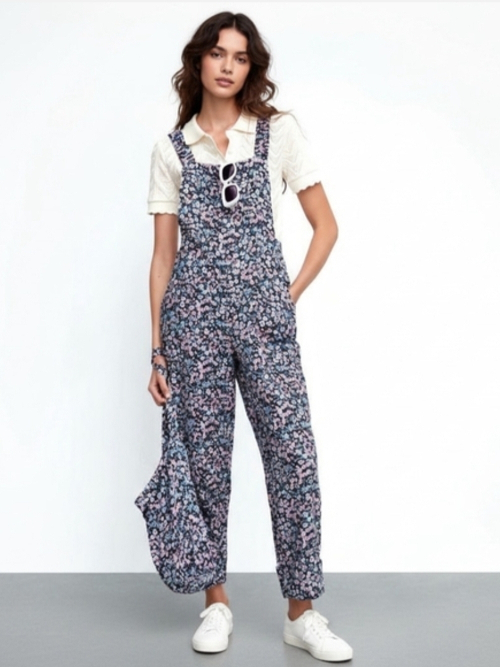 Zara Black Floral Jumpsuit with Pink and Light Blue Flowers NWT Blogger Favorite